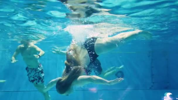 Unterwasser Junge Frau Badeanzug Taucht Atemlos Und Schwimmt Schwimmbad Mit — Stockvideo