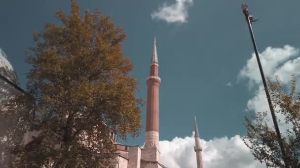 Low Angle Rotating Shot Hagia Sophia Istanbul Turkey Bright Sunny — стоковое видео