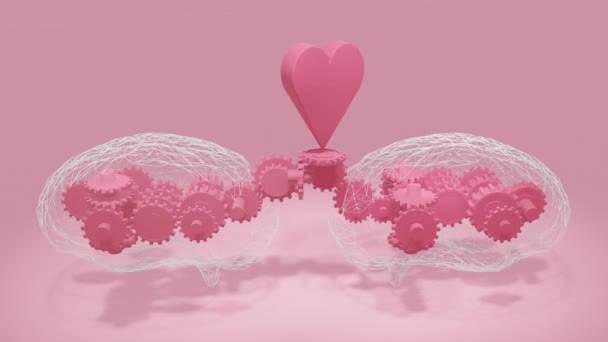Рожеве Серце Крутиться Над Шестернями Людського Мозку Цикл Концептуальної Візуальної — стокове відео
