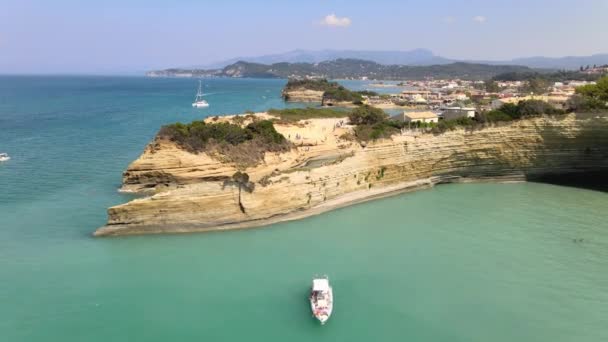 Aerial View Hidden Beach Revealed Sandstone Rock Canal Amour Corfu — Stockvideo