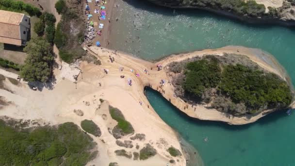 Aerial Top View Crowded Beach Canal Amour Corfu Greece — Stock Video