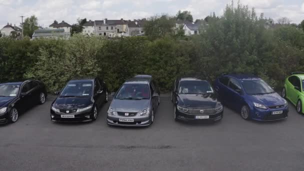 Tuned Car Meet Carrick Shannon Car Park Aerial Tracking Right — Stock Video