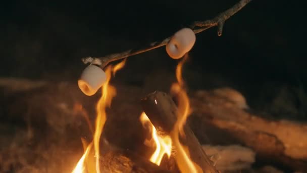 Marshmallows Openen Vuur Gebarbecued Houten Stokjes Avonds Slow Motion Shot — Stockvideo