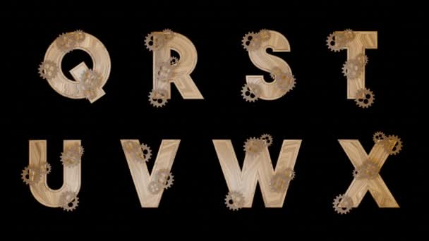 Set Steampunk Letters Spinning Gear Wheels Charachters Made Wood Render — Stock video