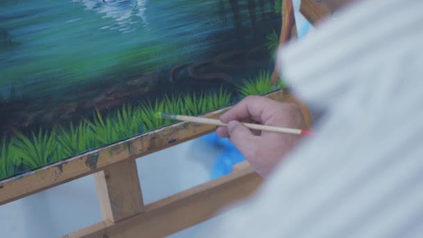 絵具で細かい筆で草を磨く画家 — ストック動画