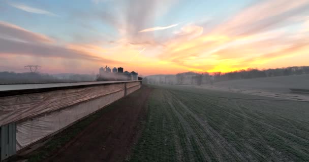 Rural Farm Animal Barn Field Setting Beautiful Winter Sunrise Cold — Vídeo de Stock