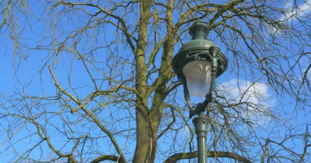 Vintage Lamp Tegen Blauwe Lucht Historische Straat Parijs Frankrijk Lage — Stockvideo