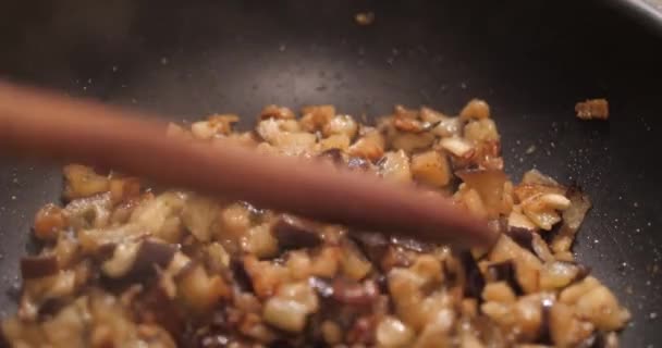 Stirring Eggplant Dish Using Wooden Spoon Cut Cubes Pan Closeup — Vídeo de Stock