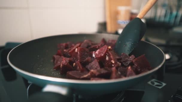 Close Shot Cooking Beets Pan Slow Motion — Stock Video