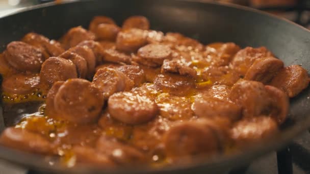 Close Shot Frying Vegan Sausages Pan — Video Stock