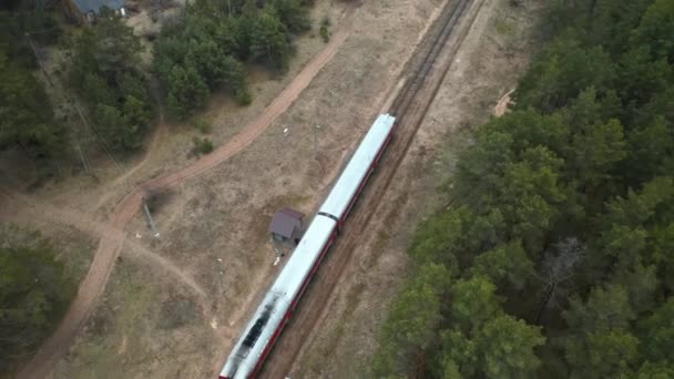 Aerial People Boarding Old Train Remote Forest Location Eastern Europe — Stock video