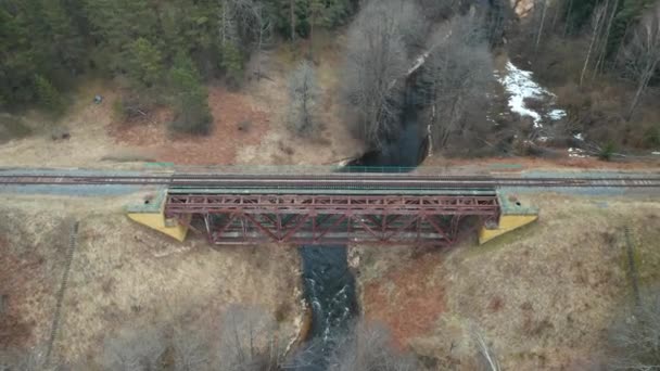 Aerial Old Metal Bridge Constructed Flowing River Eastern Europe — Vídeos de Stock