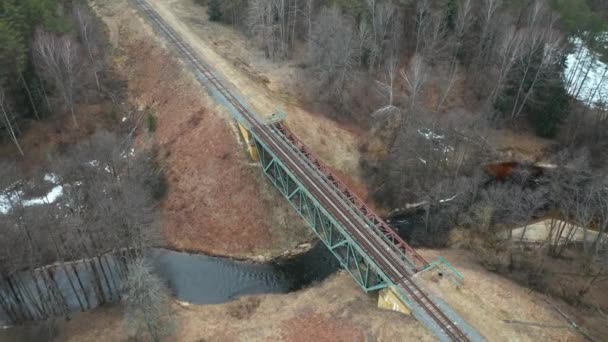 Aerial Most Kolejową Drogą Kolejową Zbudowany Odległej Płytkiej Rzece — Wideo stockowe