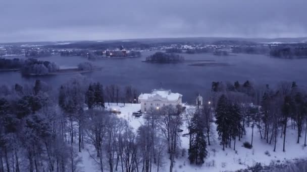 Drone Aerial Footage Trakai Manor Winter Time Night Lights — Stock Video