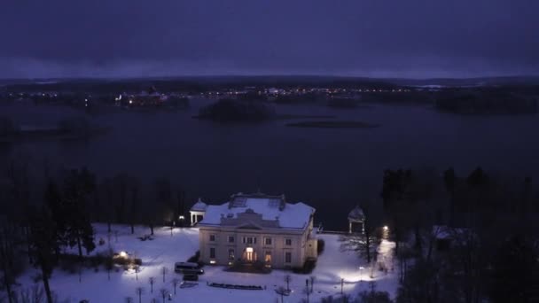 Drone Aerial Footage Trakai Manor Winter Time Night Lights — Vídeo de stock