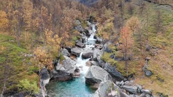 Aerial View Wild River Cascading Rocky Riverbed Autumn Vegetation Cliffs — Stockvideo