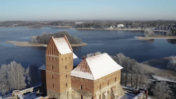 Drone Luchtbeelden Van Het Trakai Kasteel Winter Het Midden Van — Stockvideo
