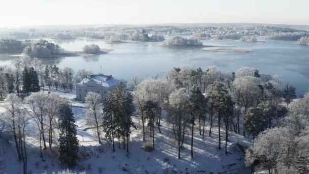 Drone Aerial Footage Trakai Manor Winter Time Middle Day Sunny — Stock videók