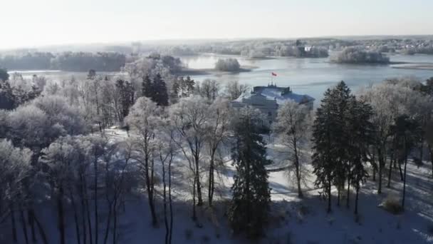 Drone Aerial Footage Trakai Manor Winter Time Middle Day Sunny — Stock Video