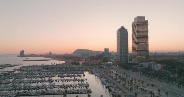 Aerial View Modern Buildings Beach Barcelona Sunset Skyscrapers Boats Sea — Stock Video