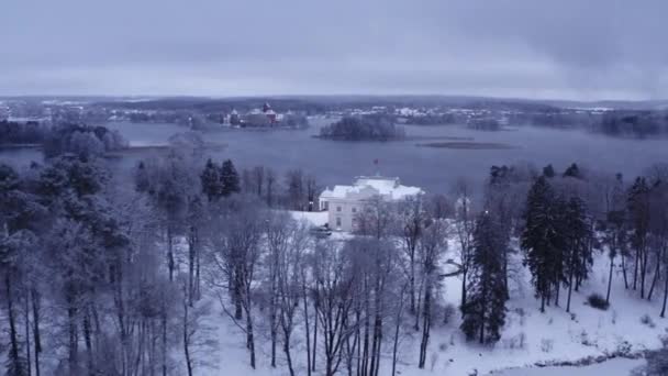 Drone Aerial Footage Trakai Manor Winter Time Night Lights — Stock Video