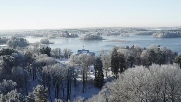 Drohnen Luftaufnahmen Des Landsitzes Trakai Winter Mitten Tag Bei Sonnigem — Stockvideo