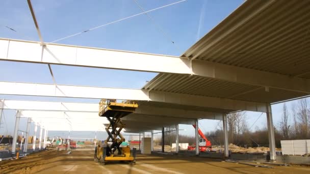 Construction Site Yellow Lift Crane Truck Working Installation Steel Metal — Stock videók