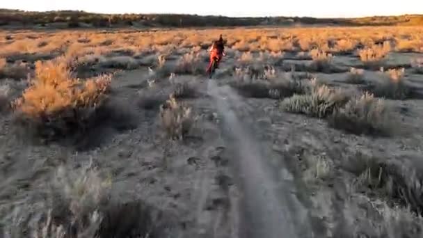 Speeding Desert Biking Trail Woman Companion Front Pov Shot — Stockvideo