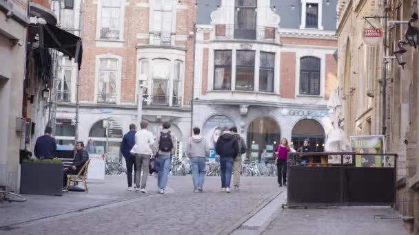 Ομάδα Φίλων Φοιτητών Πόδια Στο Κέντρο Της Πόλης Πανεπιστήμιο Leuven — Αρχείο Βίντεο