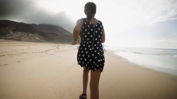 Mixed Race Woman Walking Barefoot Sandals Gold Sandy Tropical Beach — Stock Video