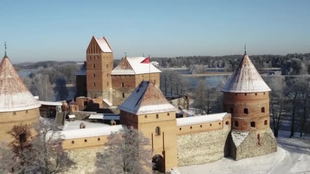 Drone Luchtbeelden Van Het Trakai Kasteel Winter Het Midden Van — Stockvideo