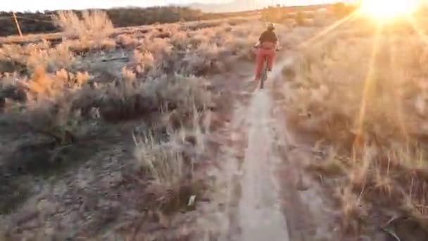 Female Rider Desert Trail Golden Sunset Time Pov — Stock video