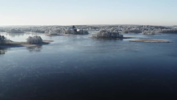 Drone Luchtfoto Van Het Trakai Manor Winter Het Midden Van — Stockvideo