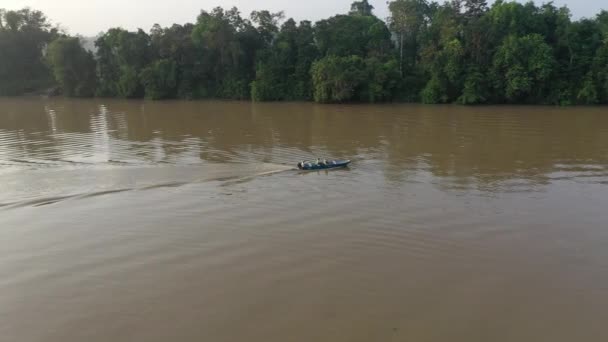 Drone View Fisherman Passing Kinabatangan River — Stock videók