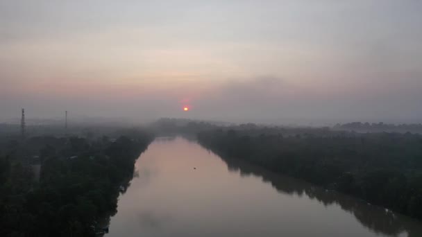 Drone Video Sunset River View Jungle Some Fog — ストック動画