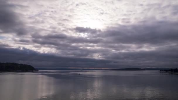 Low Dark Marine Layer Clouds Reflect Calm Still Water Aerial — Stockvideo