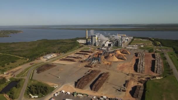 造纸厂 在乌拉圭河前面的弗赖本托斯有烟的烟囱 空中全景视图 — 图库视频影像