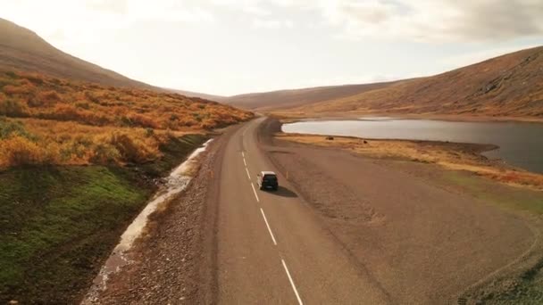 Scenic View Car Driving Oxi Mountain Road Sunset East Iceland — Stockvideo