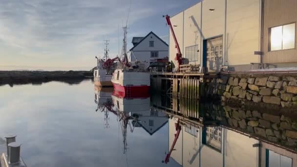 日出时分在挪威罗浮敦Kabelvag港口的一个有渔船的小港口转船 — 图库视频影像