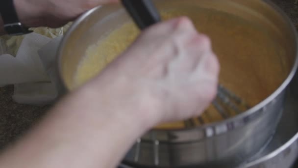 Slow Motion Close Shot Person Mixing Batter Water Bath — Stockvideo