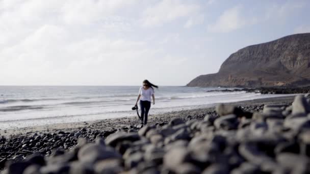 Lonely Woman Solo Travel Tourist Walking Tropical Wild Beach Fuerteventura — стокове відео