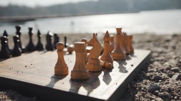 Antique Chessboard Sand Beach Water Slow Motion Artistic Shot — Video Stock