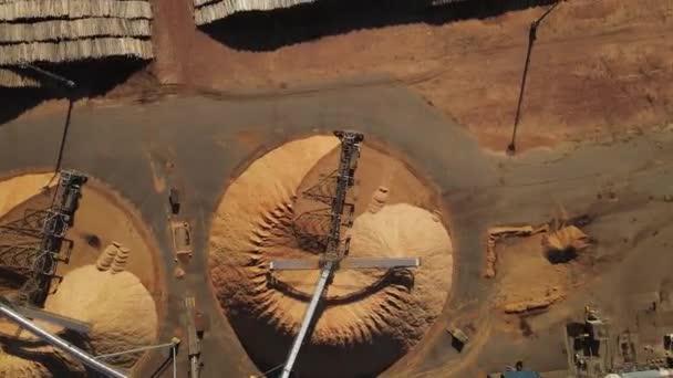 Aerial Top Pile Trunks Sawdust Hills Paper Mill Factory Sunset — Vídeos de Stock