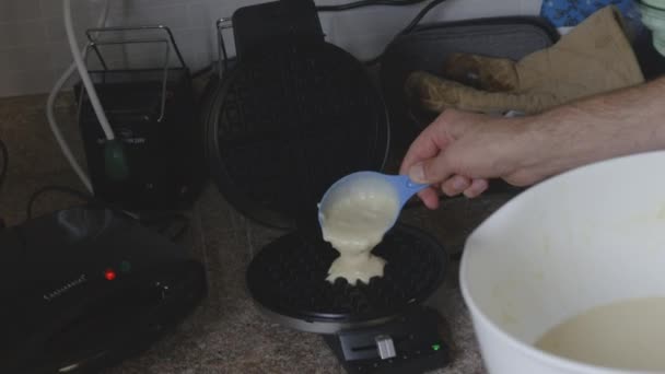 Slow Motion Shot Person Pouring Batter Waffle Maker — Vídeo de Stock