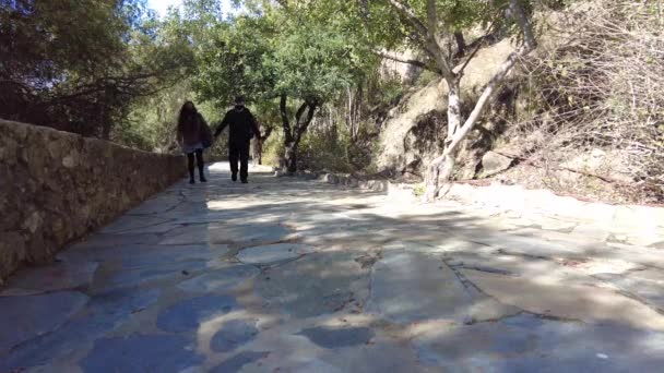 2人は手を取り合い マラガのジブラルファロ城の外の道路を上に歩いている マラガの丘の上にある古い城の外の美しい公園エリア フェイスマスクをしたカップル — ストック動画