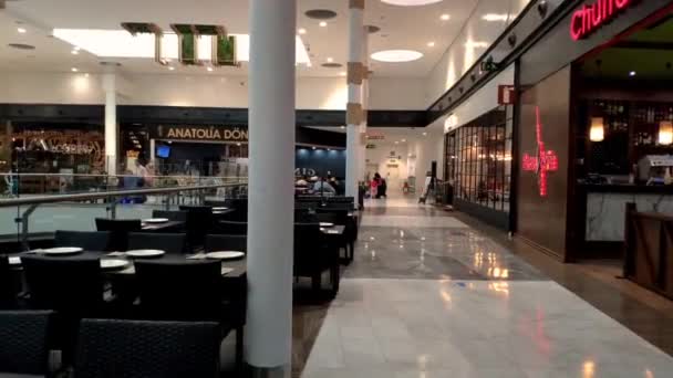 Pov Walking Empty Restaurant Table Chairs Cancelas Shopping Center Galicien — Stockvideo