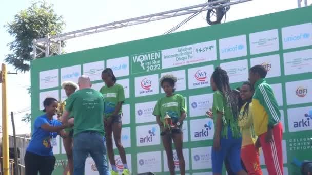 Winner Women Marathon Received Her Trophy Medallion — Stock Video