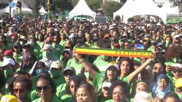 Women Marathon Ethiopian Girls Singing National Anthem Holding Ethiopian Flag — Video Stock