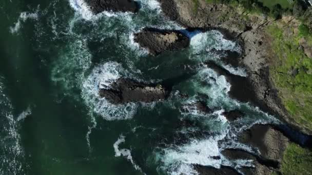 High View Waves Breaking Towering Volcanic Rock Ledge Coastal Headland — Stock video