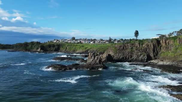 Stunning Sculptural Forms Towering Basalt Rock Formation Rugged Ocean Coastline — Vídeo de Stock